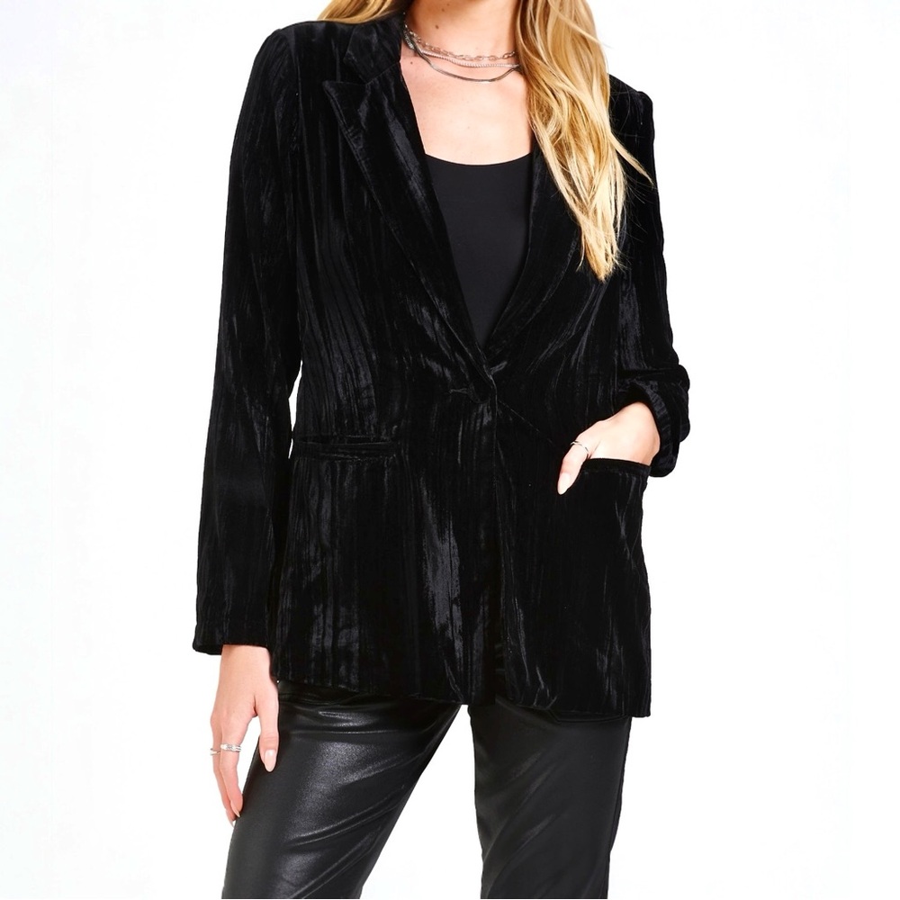 NWT Dear John Wylie Black Velvet Jacket Size Small Long Blazer Crushed Crinkle